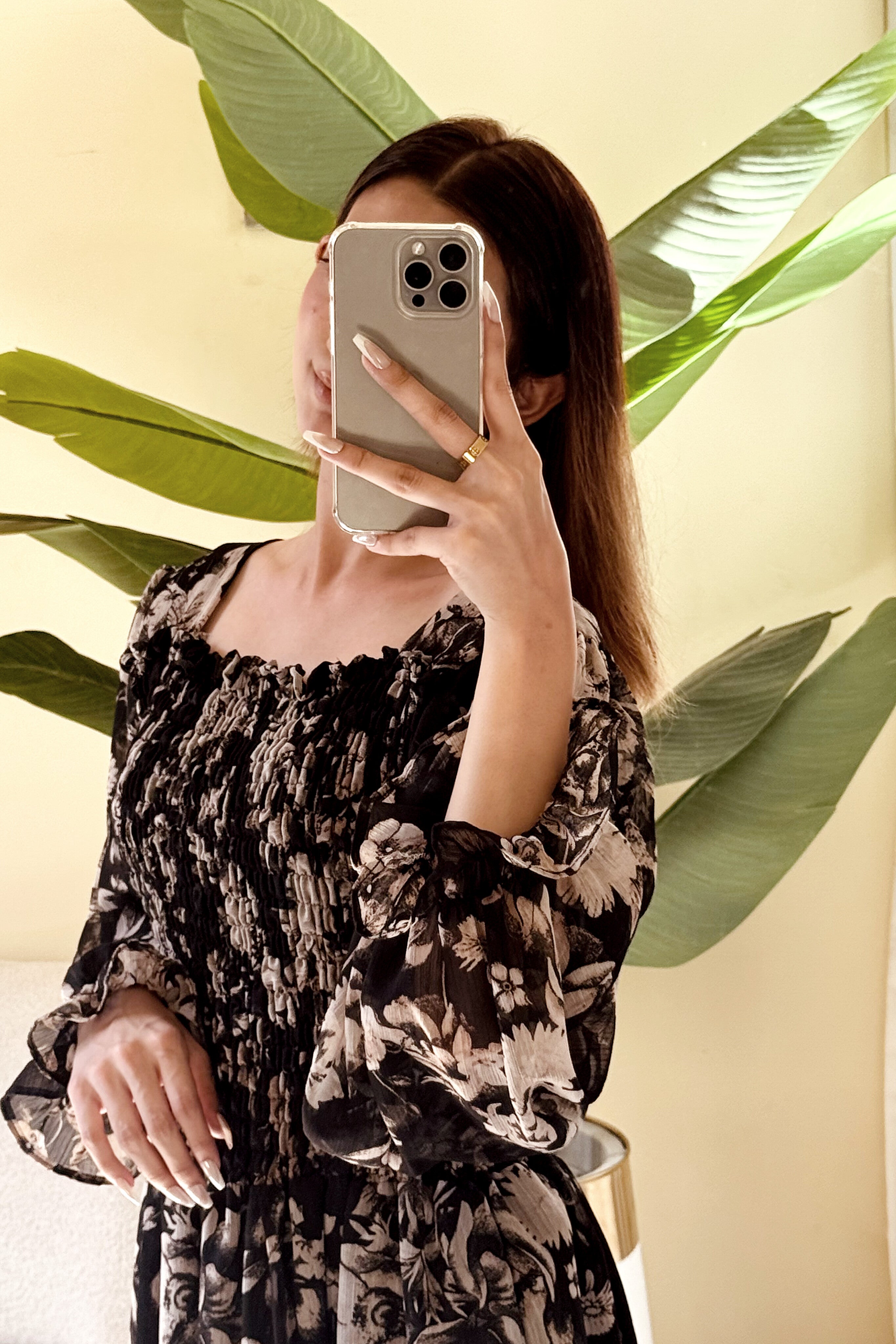 { BLACK FLORAL SMOCKED DRESS }